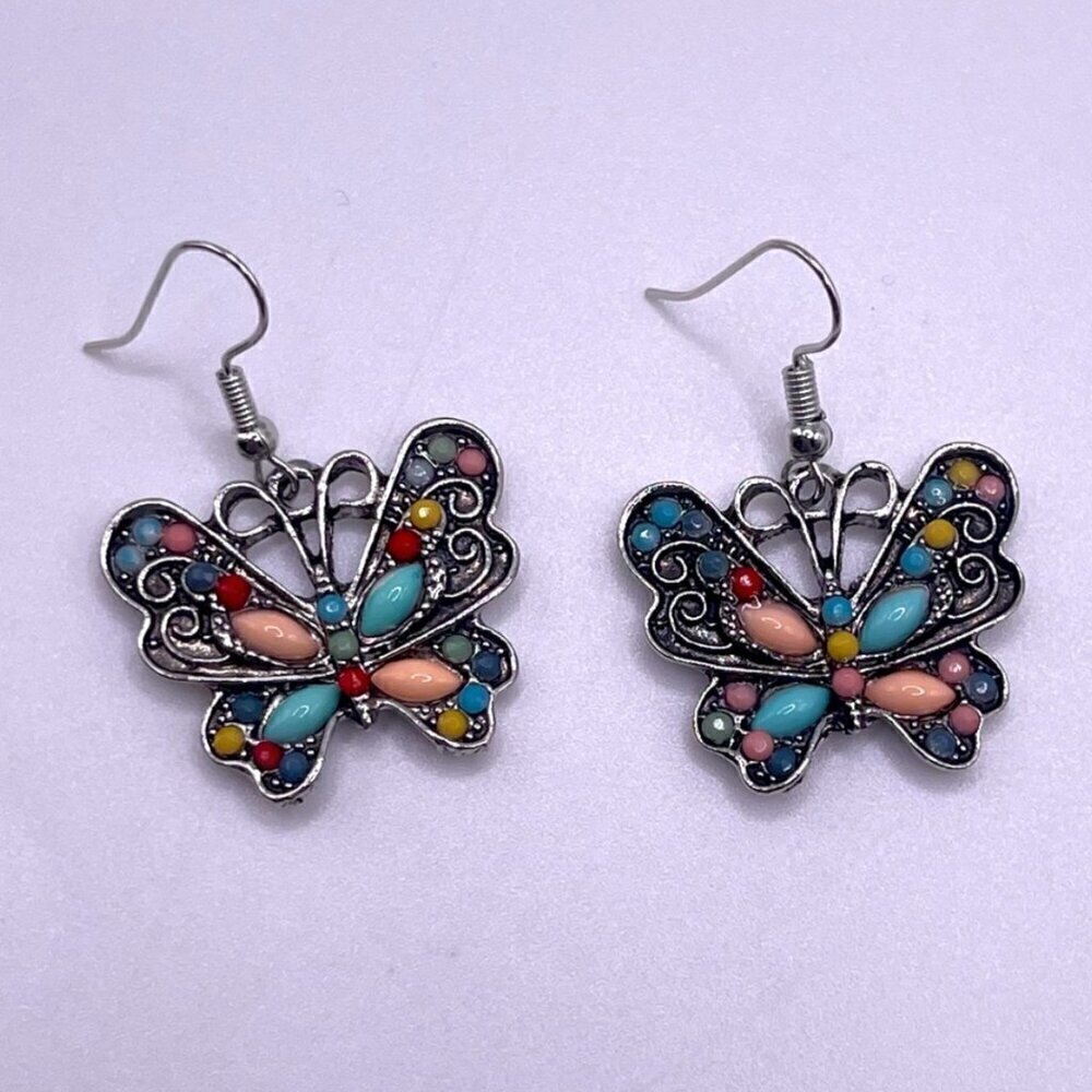 Silver Tone Colorful Butterfly Earrings